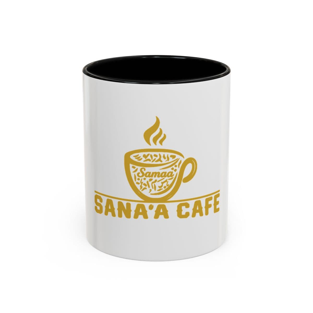 Sana’a Cafe Signature Ceramic Coffee Mug – White & Gold Edition